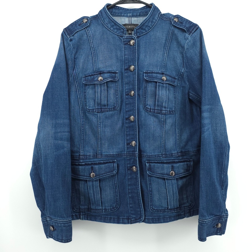 Talbots Military Women Denim Jacket M Blue Stretch Button Utility VN5214